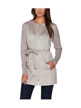 H by Halston Gray Faux Suede Jacket XL 16 Sweater Knit Sleeves Stretch Lined